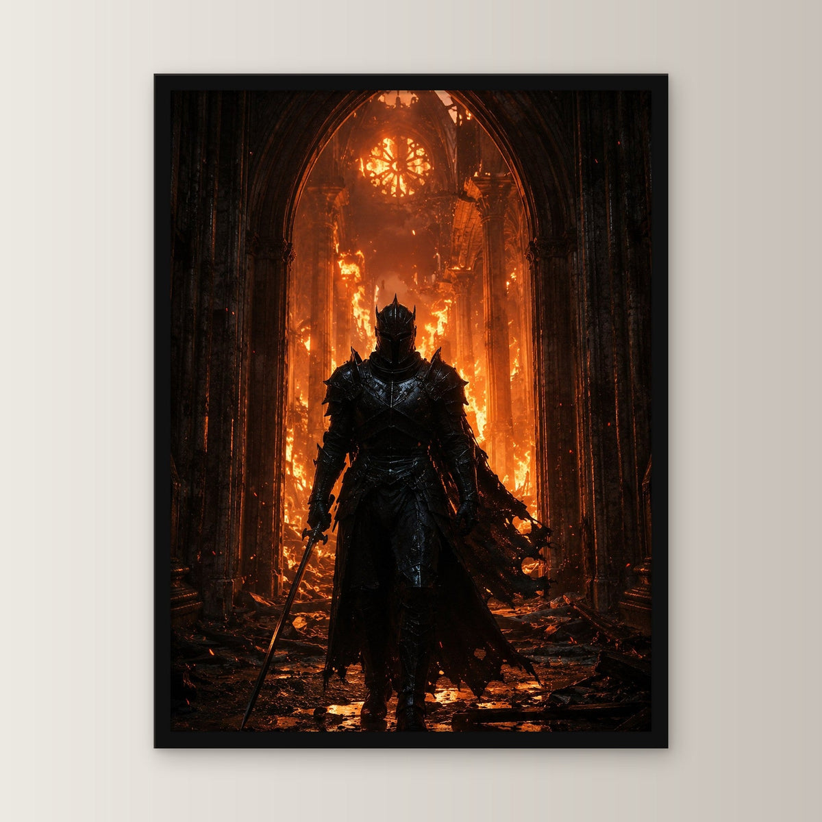 Dark-Fantasy Poster gerahmt im schwarzen Holzrahmen, gerade von vorn an heller Wand