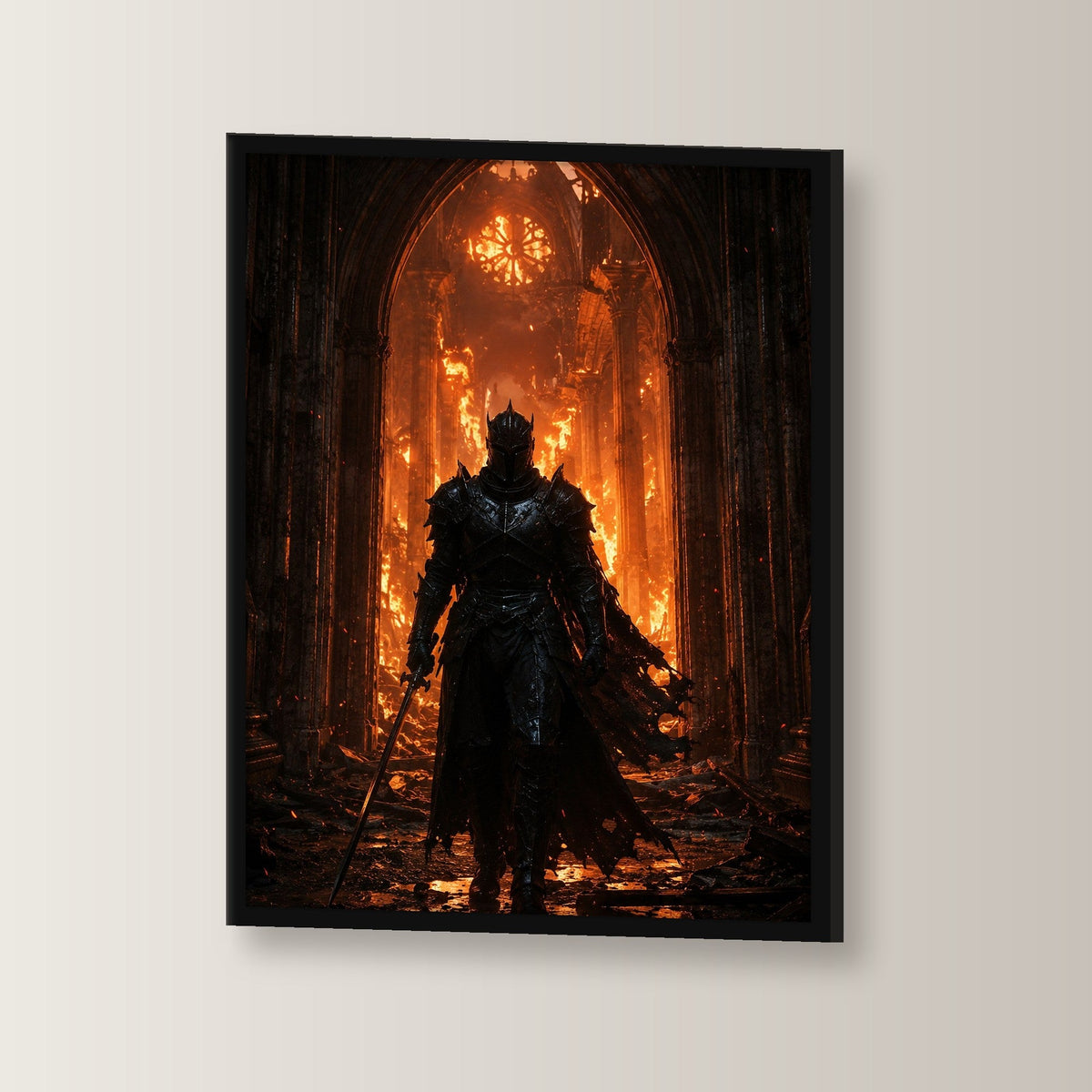 Dark-Fantasy Poster gerahmt im schwarzen Holzrahmen, leicht gedreht an der Wand fotografiert