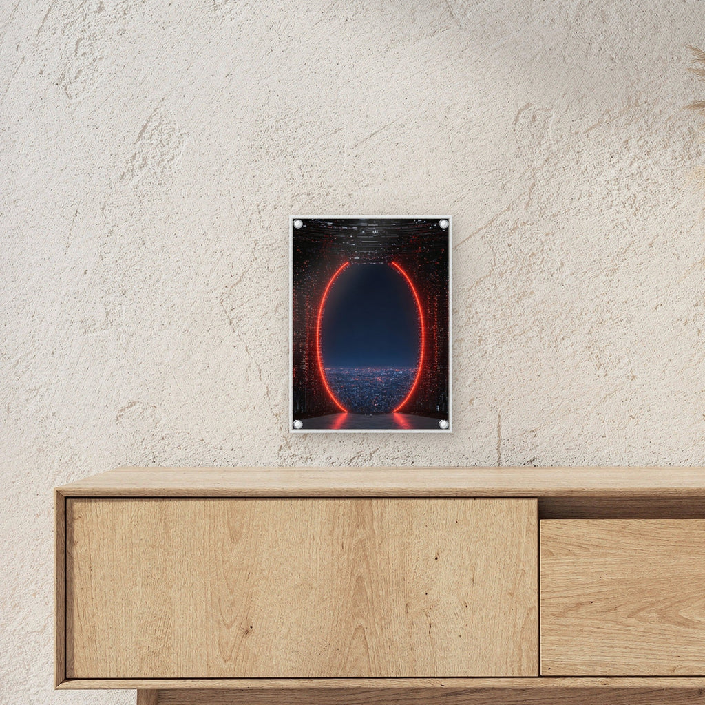 Dark-Fantasy Acrylglasbild auf Acrylglas mit Edelstahl-Abstandshaltern ueber einem Sideboard, zeigt die Groesse im Raum