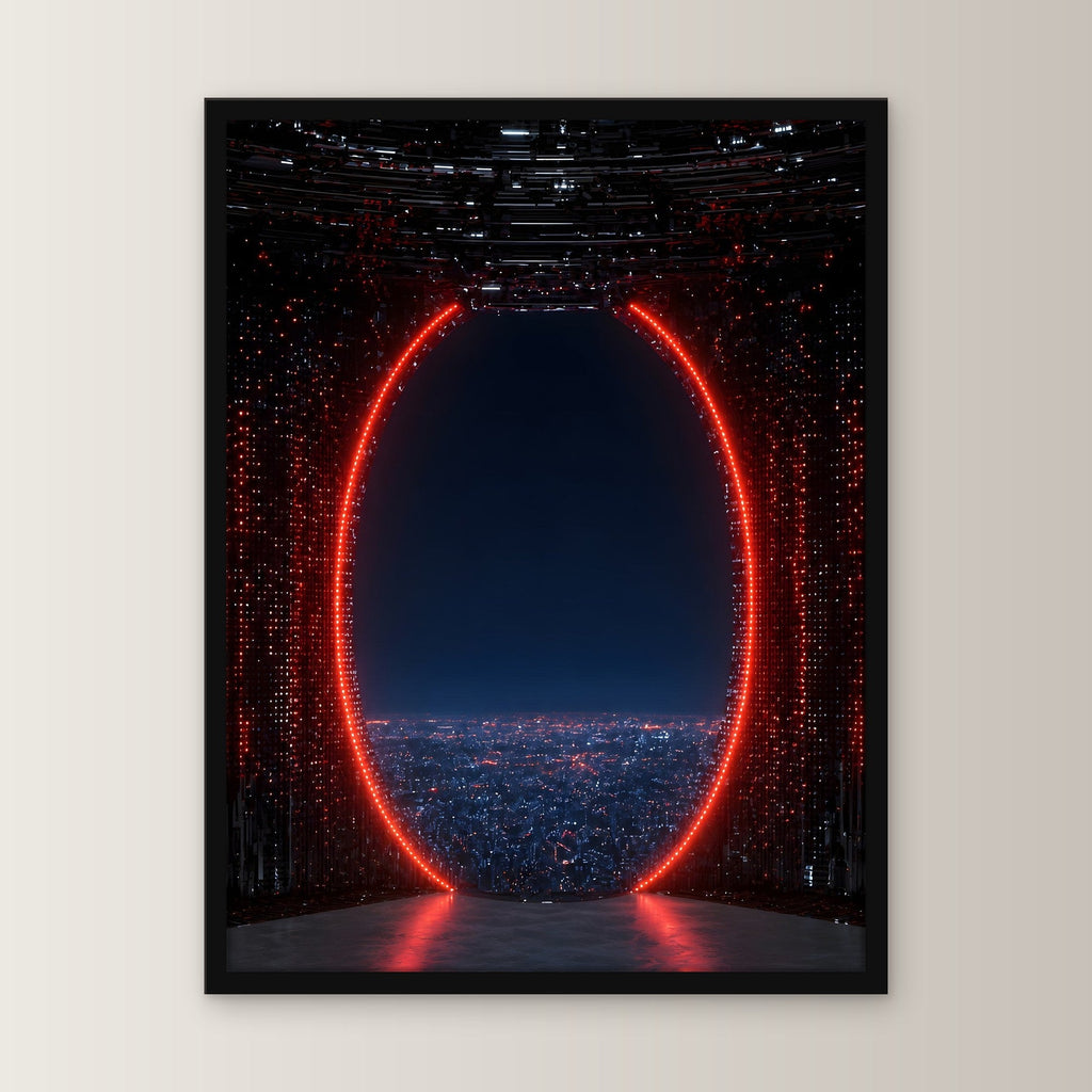 Dark-Fantasy Poster gerahmt im schwarzen Holzrahmen, gerade von vorn an heller Wand