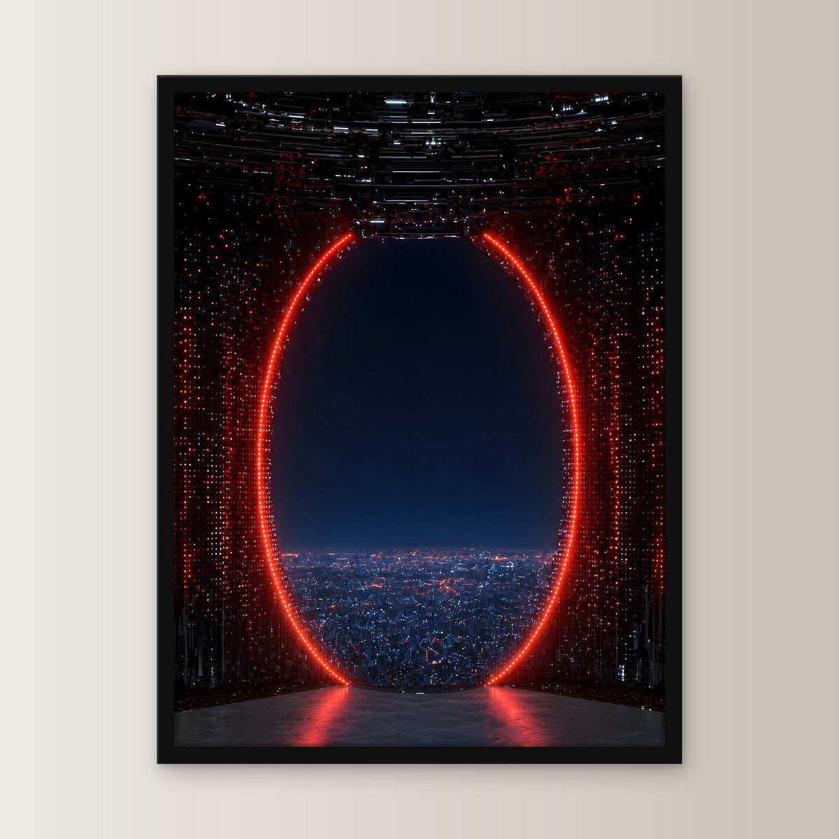 Dark-Fantasy Poster gerahmt im schwarzen Holzrahmen, gerade von vorn an heller Wand