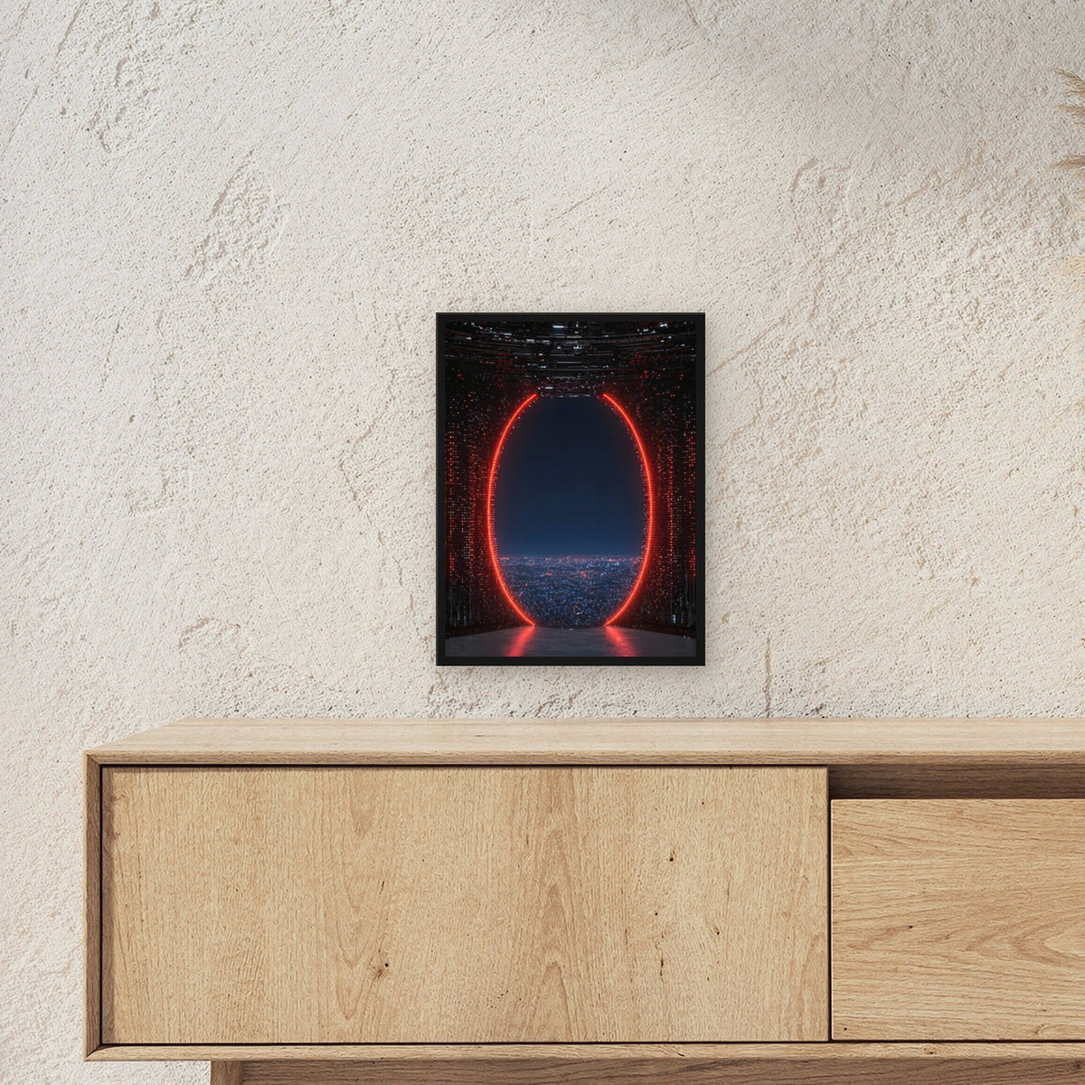 Dark-Fantasy Poster gerahmt im schwarzen Holzrahmen ueber einem Sideboard, zeigt die Groesse im Raum