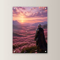Ritter über purpurnem Blütental, Mittelalter Fantasy Acrylglasbild auf Acrylglas mit Edelstahl-Abstandshaltern, gerade von vorn an heller Wand