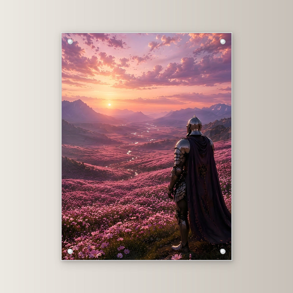 Ritter über purpurnem Blütental, Mittelalter Fantasy Acrylglasbild auf Acrylglas mit Edelstahl-Abstandshaltern, gerade von vorn an heller Wand
