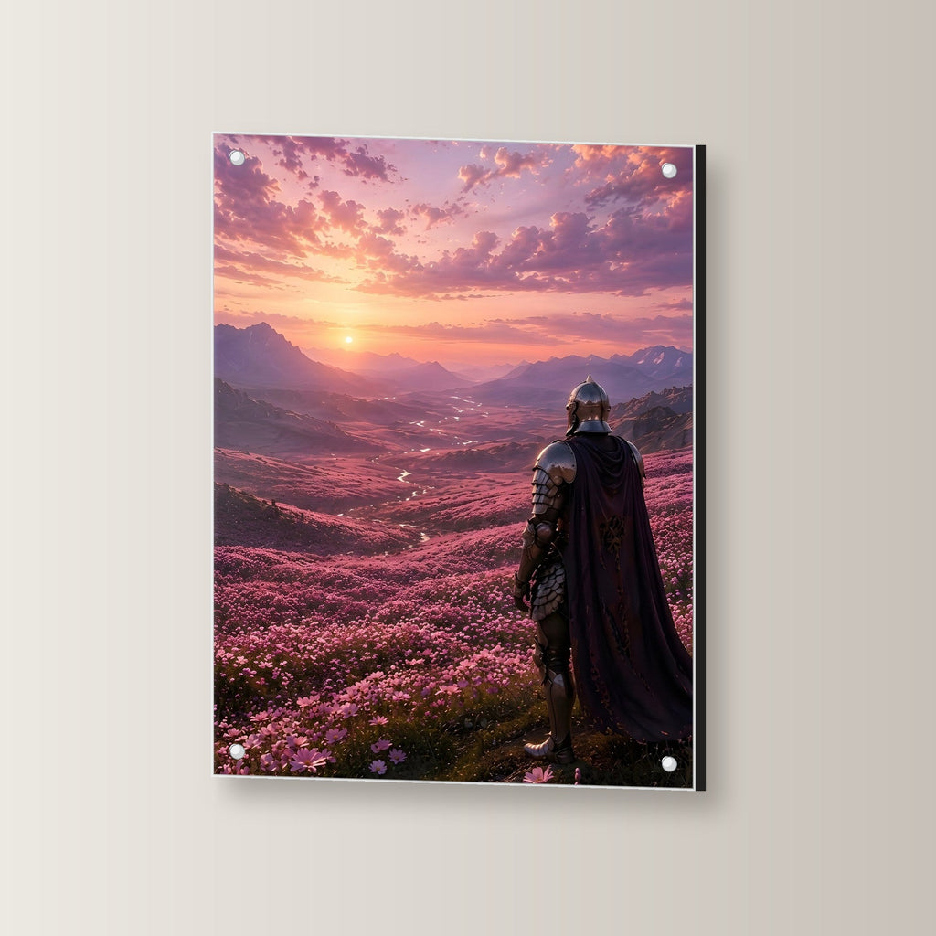Ritter über purpurnem Blütental, Mittelalter Fantasy Acrylglasbild auf Acrylglas mit Edelstahl-Abstandshaltern, leicht gedreht an der Wand fotografiert