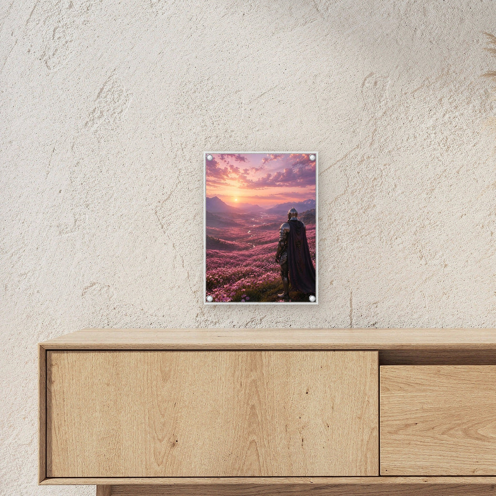 Ritter über purpurnem Blütental, Mittelalter Fantasy Acrylglasbild auf Acrylglas mit Edelstahl-Abstandshaltern ueber einem Sideboard, zeigt die Groesse im Raum