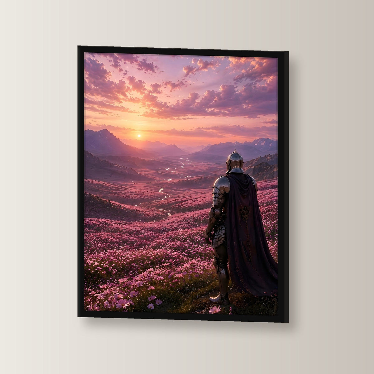 Ritter über purpurnem Blütental, Fantasy Wandbild gerahmt im schwarzen Holzrahmen, leicht gedreht an der Wand fotografiert