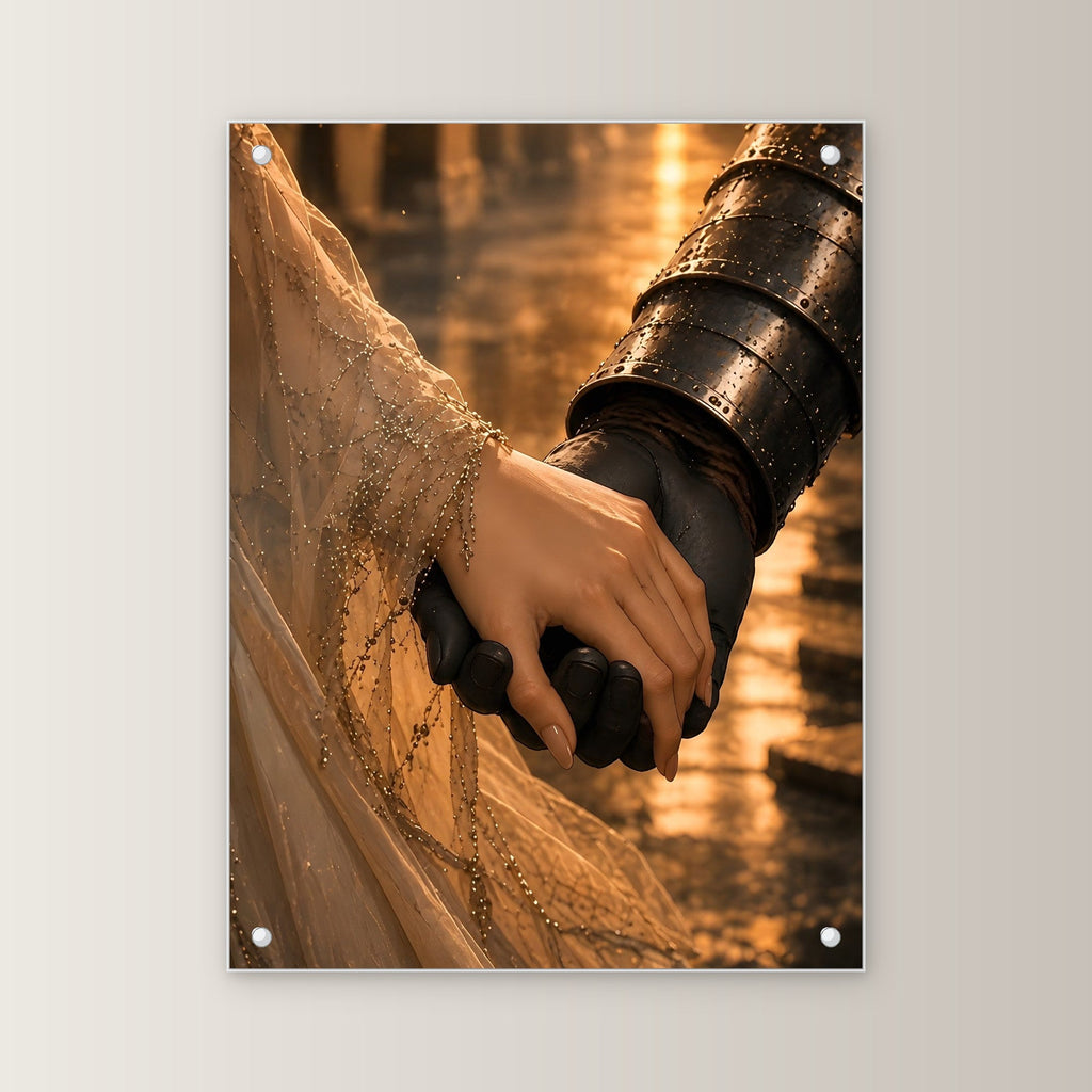 Panzerhandschuh hält die Brauthand, Mittelalter Fantasy Acrylglasbild auf Acrylglas mit Edelstahl-Abstandshaltern, gerade von vorn an heller Wand