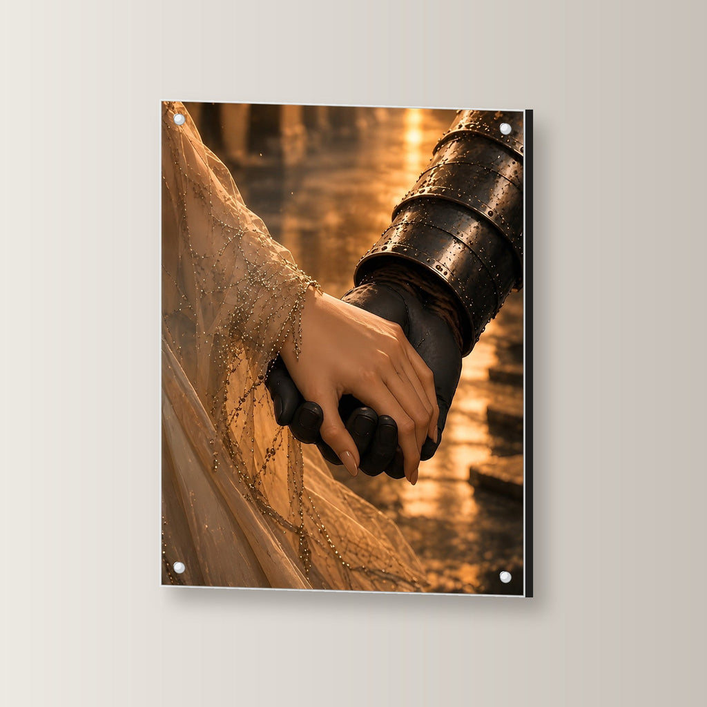 Panzerhandschuh hält die Brauthand, Mittelalter Fantasy Acrylglasbild auf Acrylglas mit Edelstahl-Abstandshaltern, leicht gedreht an der Wand fotografiert