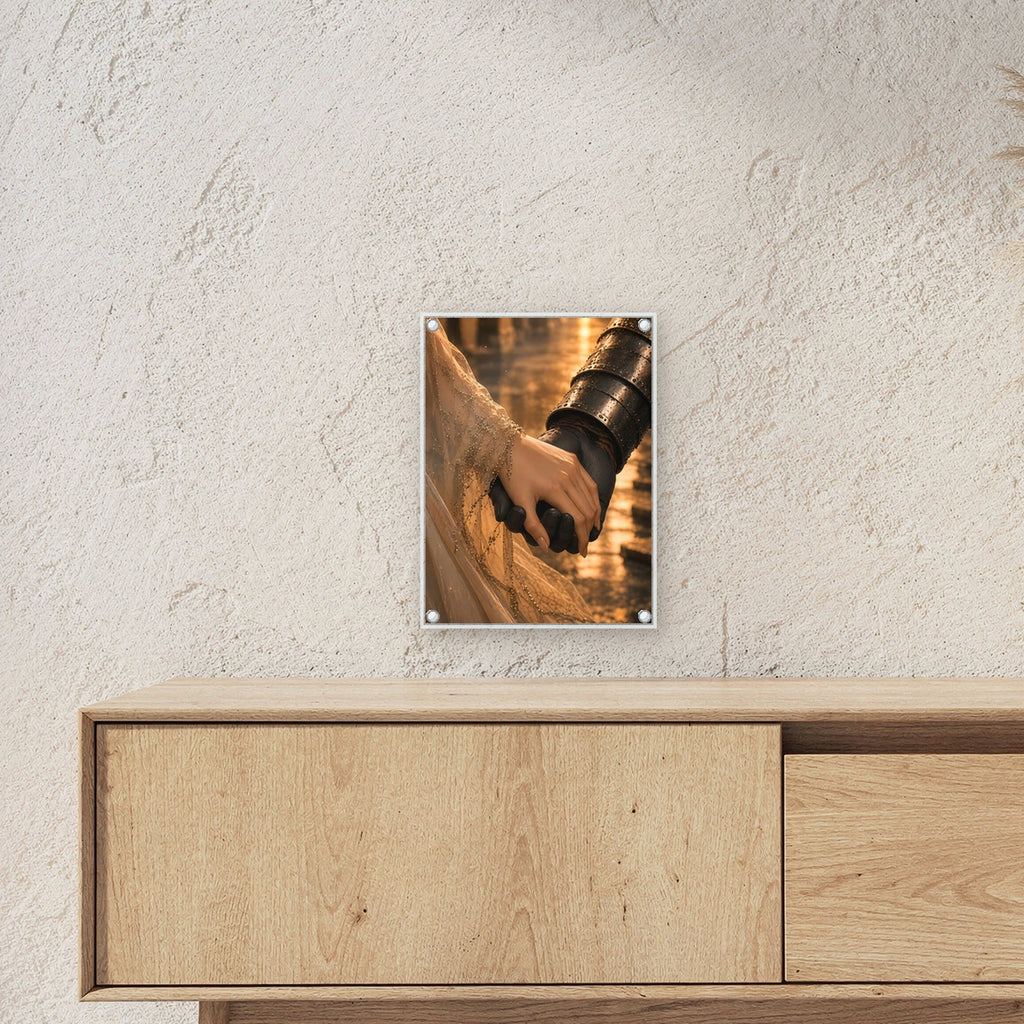 Panzerhandschuh hält die Brauthand, Mittelalter Fantasy Acrylglasbild auf Acrylglas mit Edelstahl-Abstandshaltern ueber einem Sideboard, zeigt die Groesse im Raum