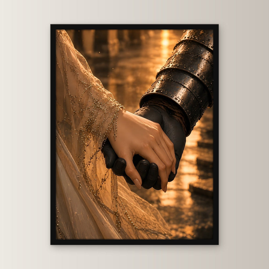Panzerhandschuh hält die Brauthand, Mittelalter Fantasy Wandbild gerahmt im schwarzen Holzrahmen, gerade von vorn an heller Wand