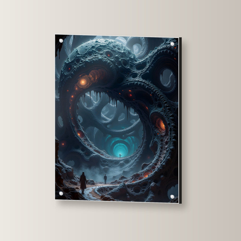 Blaues Tor im Fels, eine Gestalt davor, Surreales Acrylglasbild auf Acrylglas mit Edelstahl-Abstandshaltern, leicht gedreht an der Wand fotografiert
