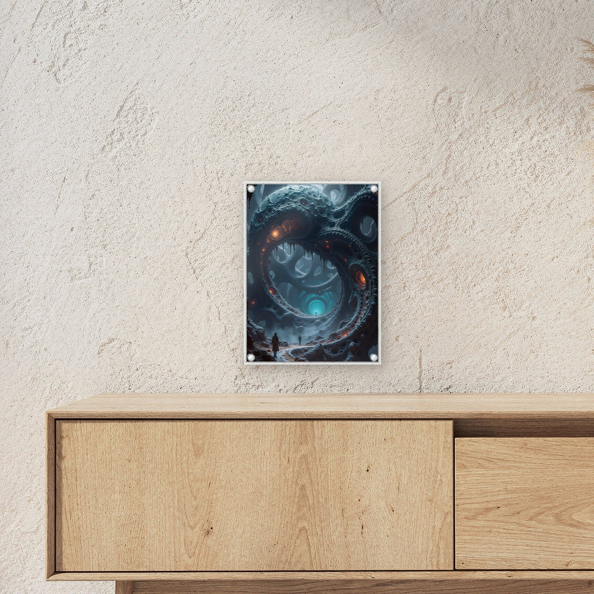 Blaues Tor im Fels, eine Gestalt davor, Surreales Acrylglasbild auf Acrylglas mit Edelstahl-Abstandshaltern ueber einem Sideboard, zeigt die Groesse im Raum