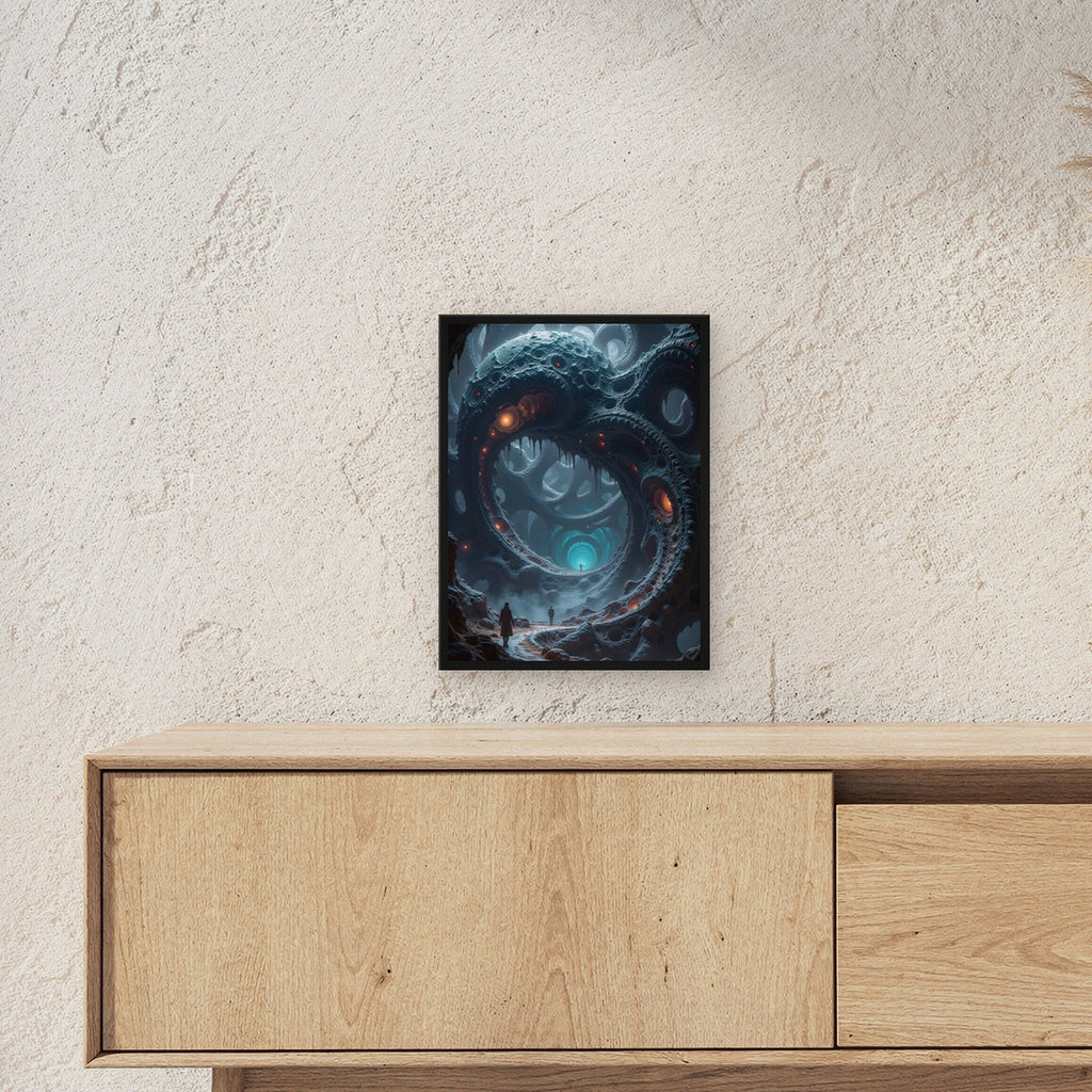 Blaues Tor im Fels, eine Gestalt davor, Surreales Wandbild gerahmt im schwarzen Holzrahmen ueber einem Sideboard, zeigt die Groesse im Raum