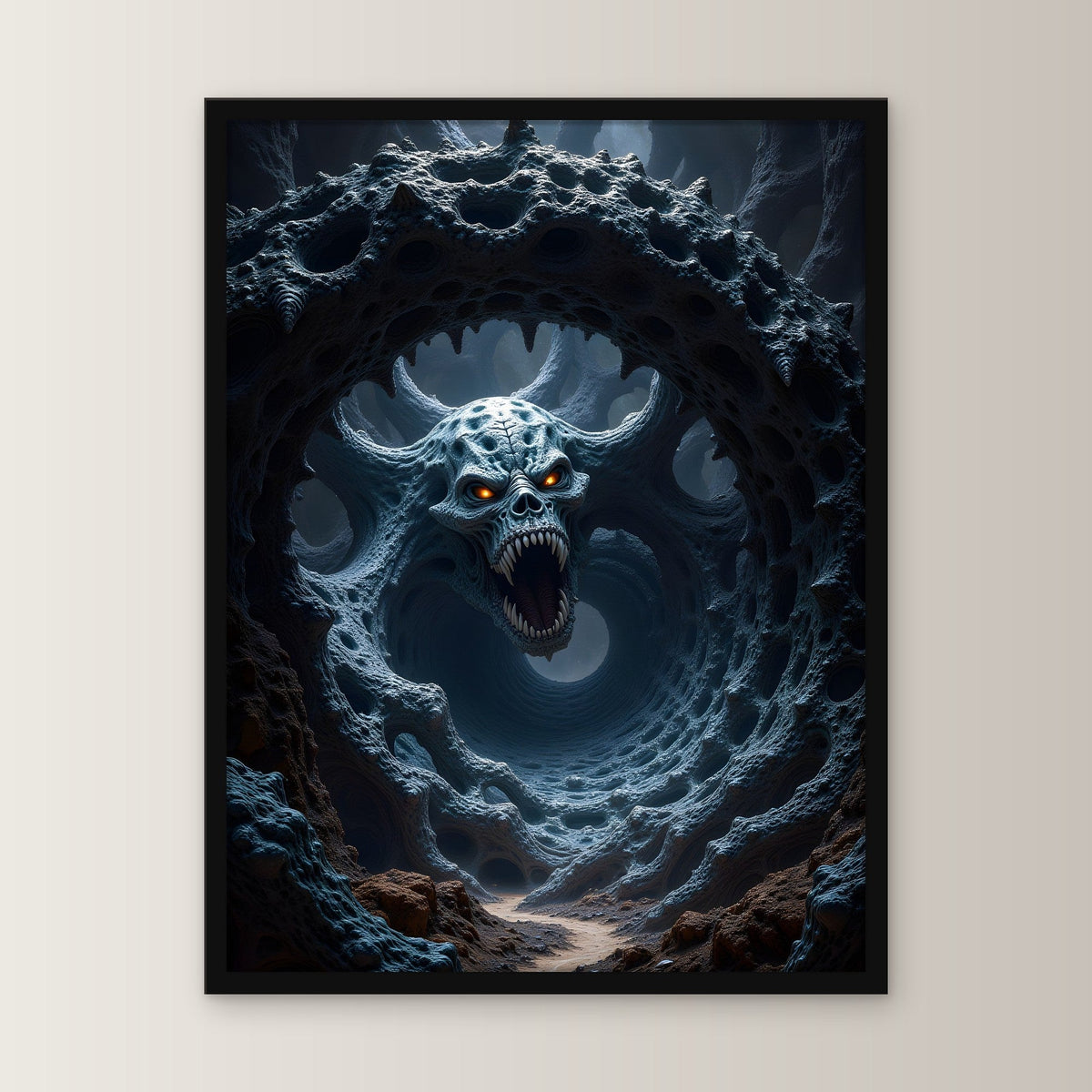 Schädel im Rachen eines lebenden Höhlensystems, Surreales Wandbild gerahmt im schwarzen Holzrahmen, gerade von vorn an heller Wand