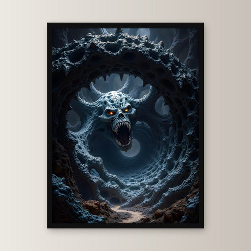 Schädel im Rachen eines lebenden Höhlensystems, Surreales Wandbild gerahmt im schwarzen Holzrahmen, gerade von vorn an heller Wand