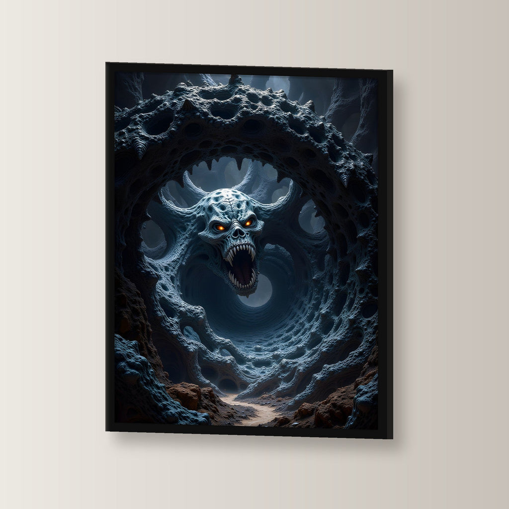 Schädel im Rachen eines lebenden Höhlensystems, Surreales Wandbild gerahmt im schwarzen Holzrahmen, leicht gedreht an der Wand fotografiert