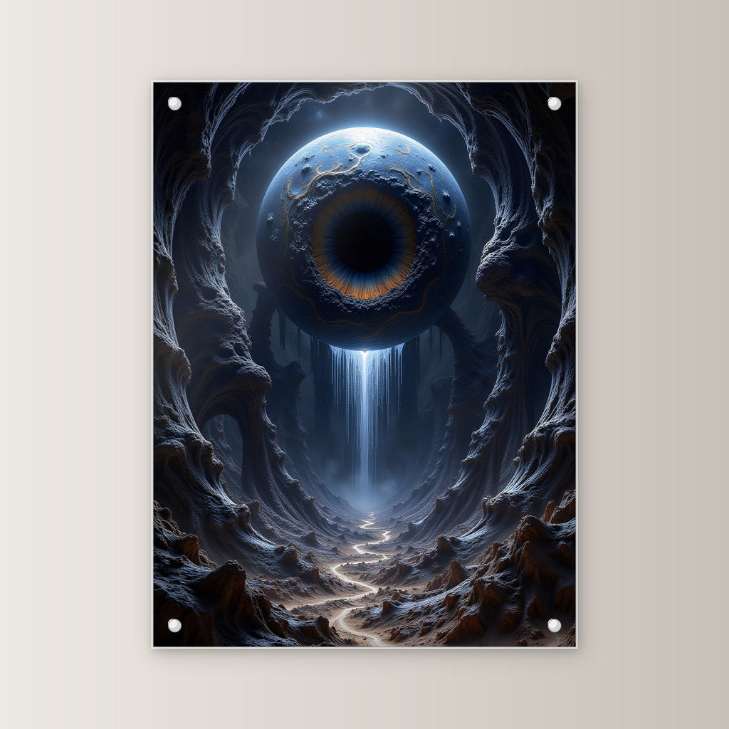 Auge über einem Wasserfall in der Schlucht, Surreales Acrylglasbild auf Acrylglas mit Edelstahl-Abstandshaltern, gerade von vorn an heller Wand