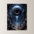 Auge über einem Wasserfall in der Schlucht, Surreales Acrylglasbild auf Acrylglas mit Edelstahl-Abstandshaltern, gerade von vorn an heller Wand