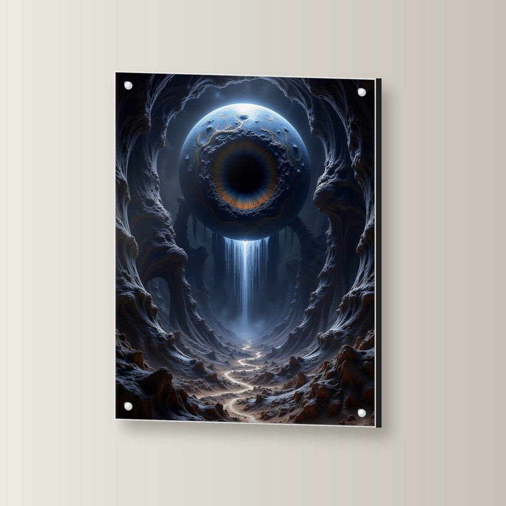 Auge über einem Wasserfall in der Schlucht, Surreales Acrylglasbild auf Acrylglas mit Edelstahl-Abstandshaltern, leicht gedreht an der Wand fotografiert