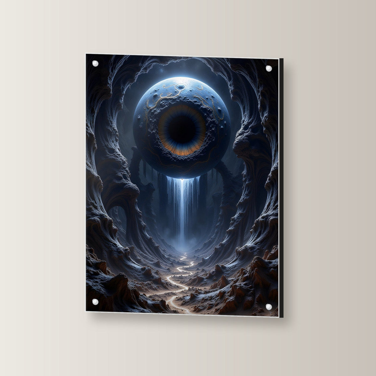 Auge über einem Wasserfall in der Schlucht, Surreales Acrylglasbild auf Acrylglas mit Edelstahl-Abstandshaltern, leicht gedreht an der Wand fotografiert