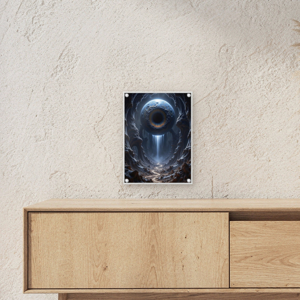 Auge über einem Wasserfall in der Schlucht, Surreales Acrylglasbild auf Acrylglas mit Edelstahl-Abstandshaltern ueber einem Sideboard, zeigt die Groesse im Raum