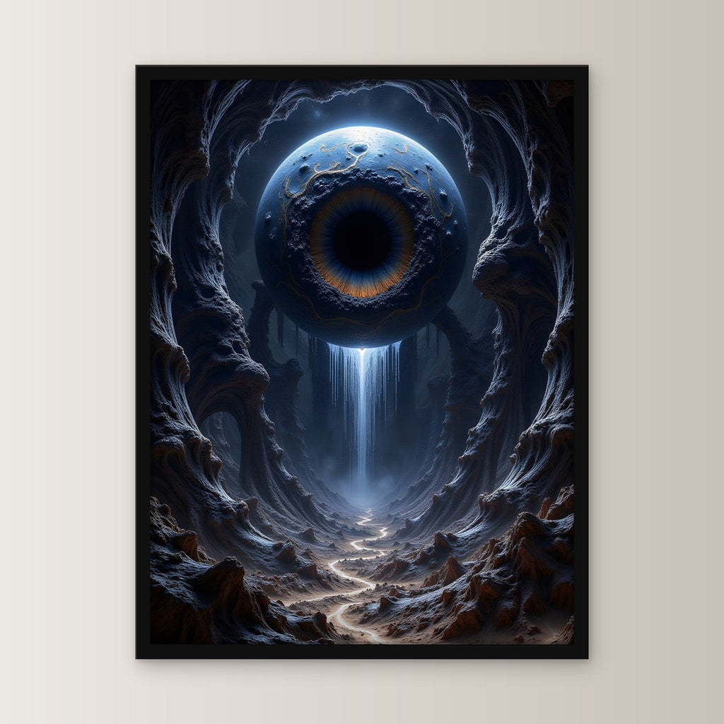 Auge über einem Wasserfall in der Schlucht, Surreales Wandbild gerahmt im schwarzen Holzrahmen, gerade von vorn an heller Wand