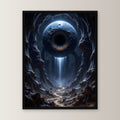 Auge über einem Wasserfall in der Schlucht, Surreales Wandbild gerahmt im schwarzen Holzrahmen, gerade von vorn an heller Wand