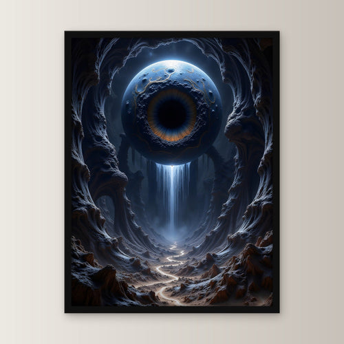 Auge über einem Wasserfall in der Schlucht, Surreales Wandbild gerahmt im schwarzen Holzrahmen, gerade von vorn an heller Wand