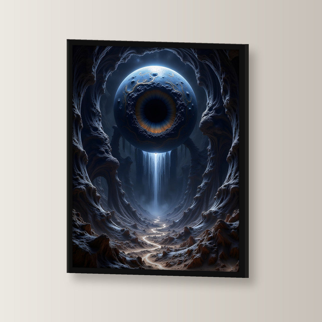 Auge über einem Wasserfall in der Schlucht, Surreales Wandbild gerahmt im schwarzen Holzrahmen, leicht gedreht an der Wand fotografiert
