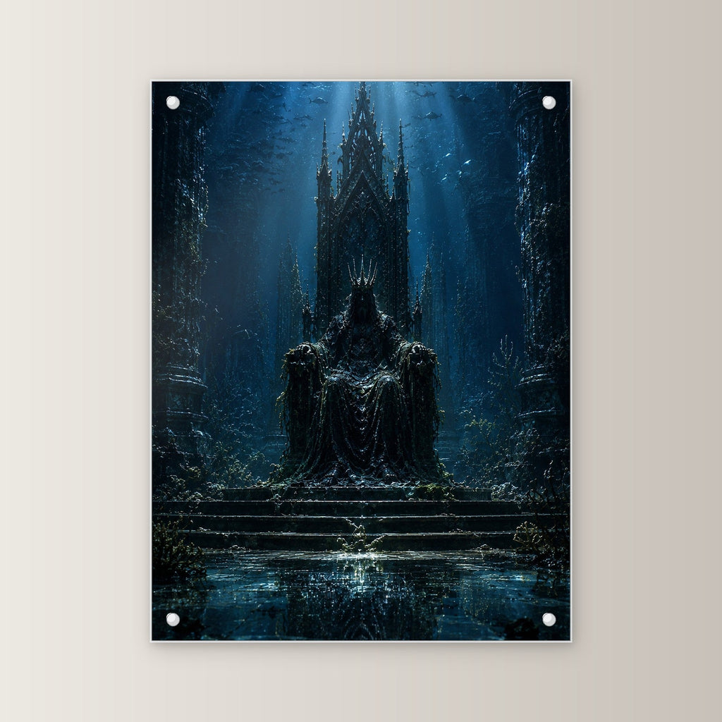 Dark-Fantasy Acrylglasbild auf Acrylglas mit Edelstahl-Abstandshaltern, gerade von vorn an heller Wand