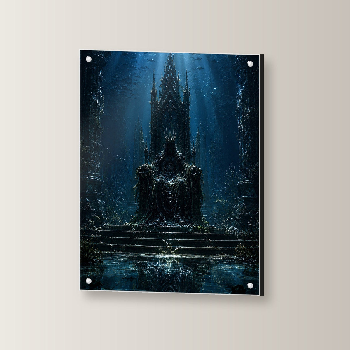 Dark-Fantasy Acrylglasbild auf Acrylglas mit Edelstahl-Abstandshaltern, leicht gedreht an der Wand fotografiert