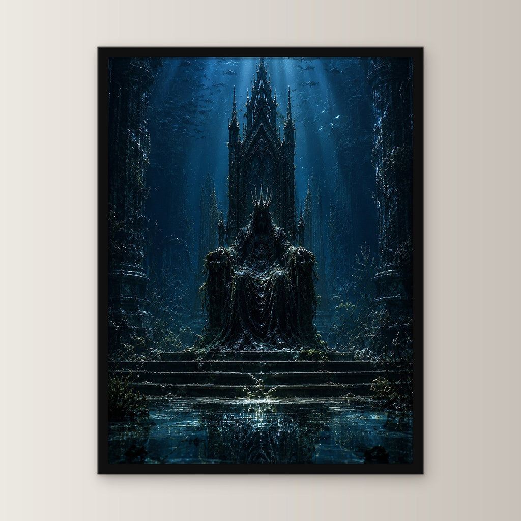 Dark-Fantasy Poster gerahmt im schwarzen Holzrahmen, gerade von vorn an heller Wand