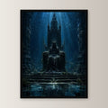 Dark-Fantasy Poster gerahmt im schwarzen Holzrahmen, gerade von vorn an heller Wand