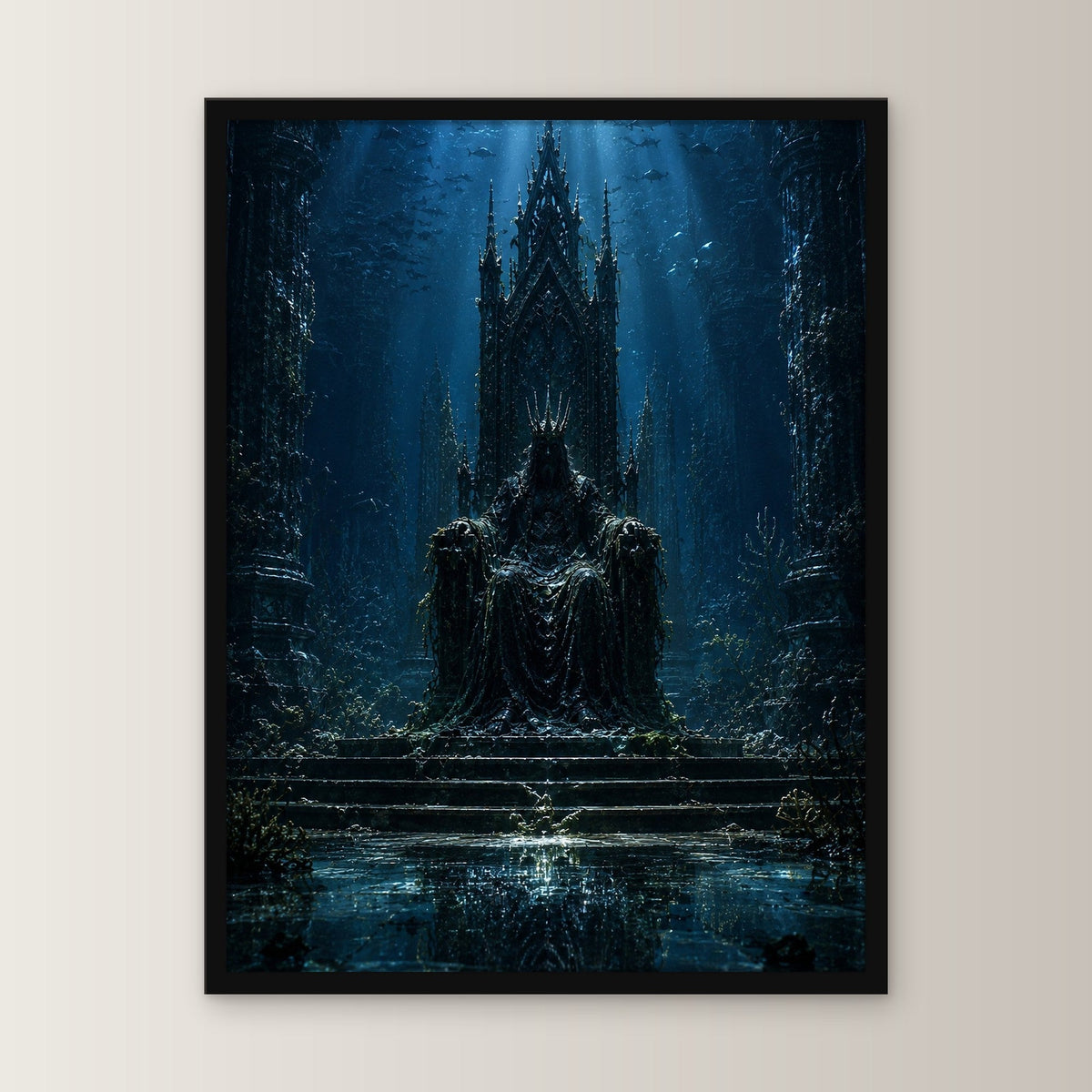 Dark-Fantasy Poster gerahmt im schwarzen Holzrahmen, gerade von vorn an heller Wand
