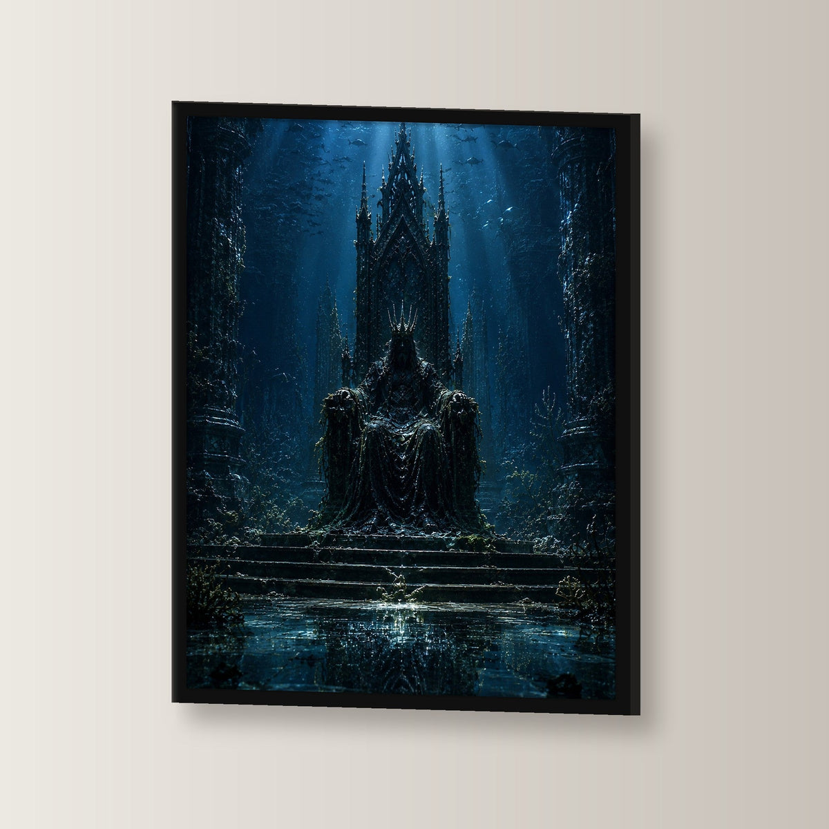 Dark-Fantasy Poster gerahmt im schwarzen Holzrahmen, leicht gedreht an der Wand fotografiert