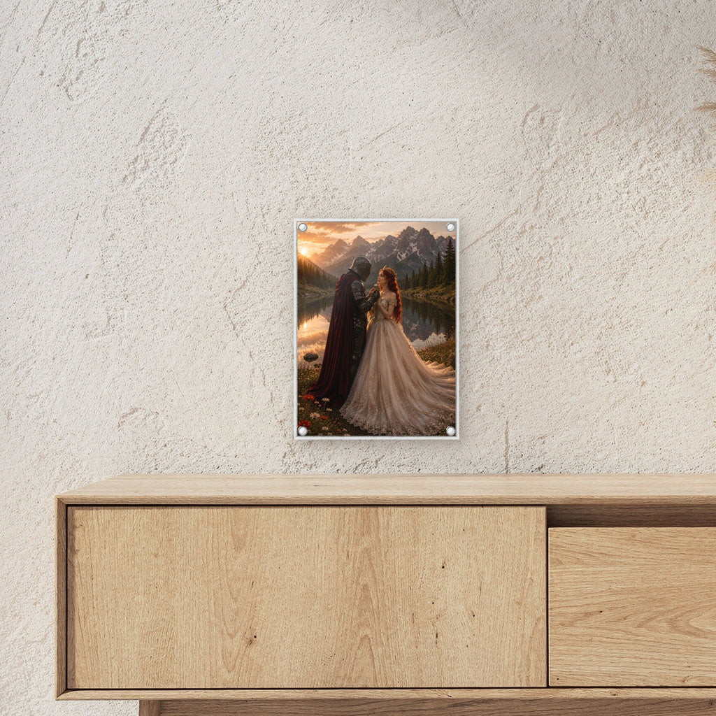 Ritter & Braut am See, Acrylglasbild auf Acrylglas mit Edelstahl-Abstandshaltern ueber einem Sideboard, zeigt die Groesse im Raum