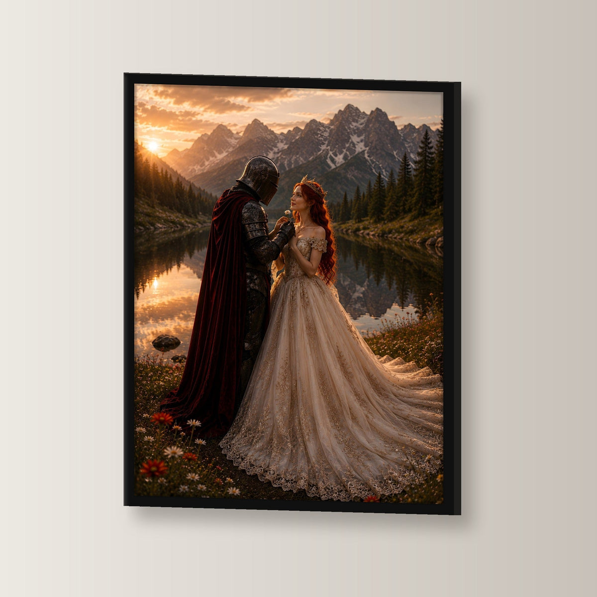 Dark-Fantasy Poster gerahmt im schwarzen Holzrahmen, leicht gedreht an der Wand fotografiert