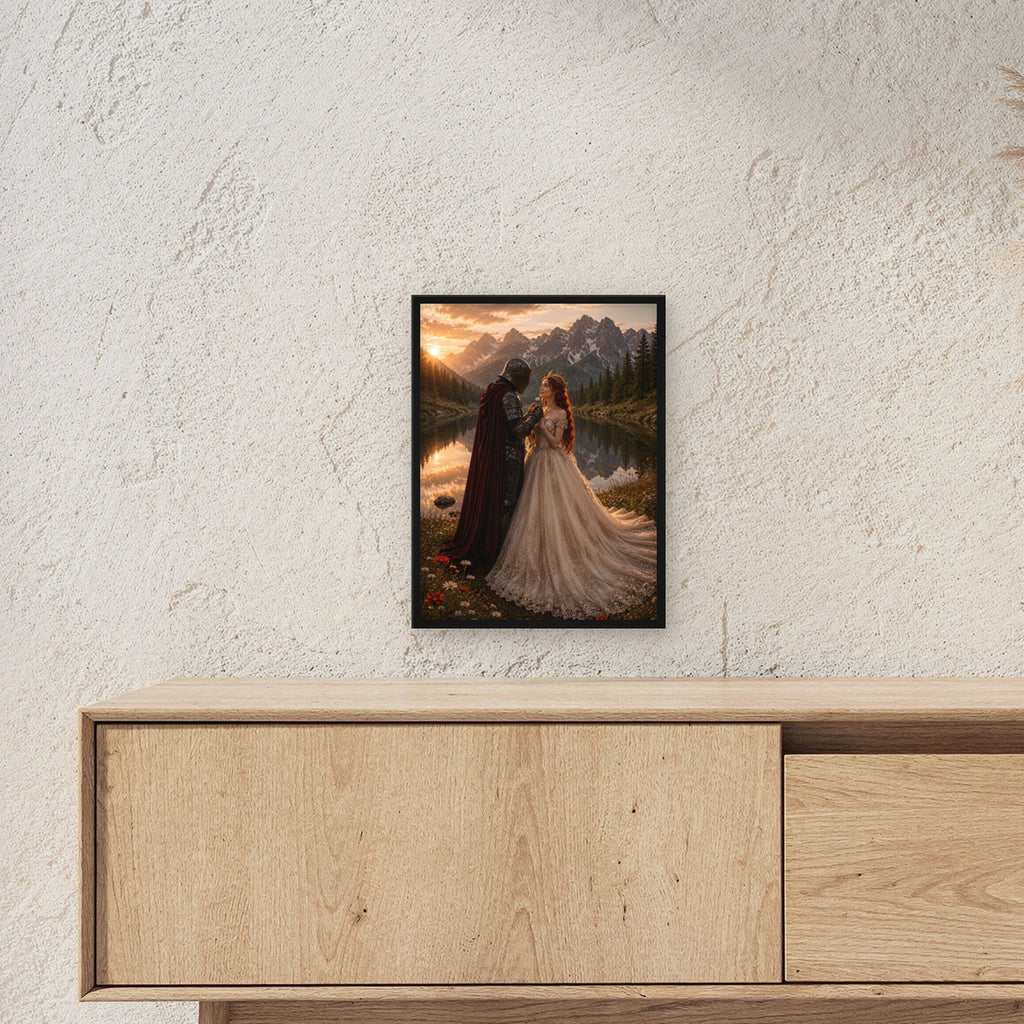 Dark-Fantasy Poster gerahmt im schwarzen Holzrahmen ueber einem Sideboard, zeigt die Groesse im Raum
