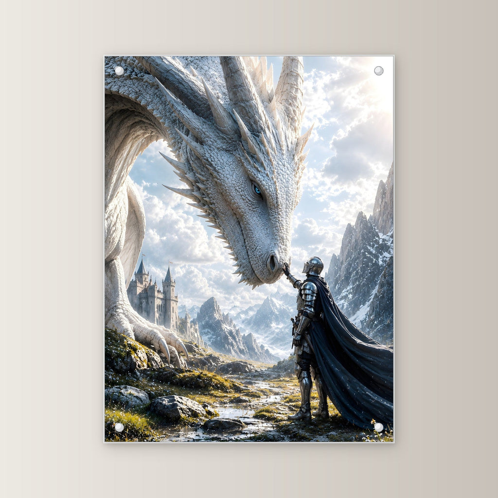 Ritter berührt den weißen Drachen, Dark Fantasy Acrylglasbild auf Acrylglas mit Edelstahl-Abstandshaltern, gerade von vorn an heller Wand