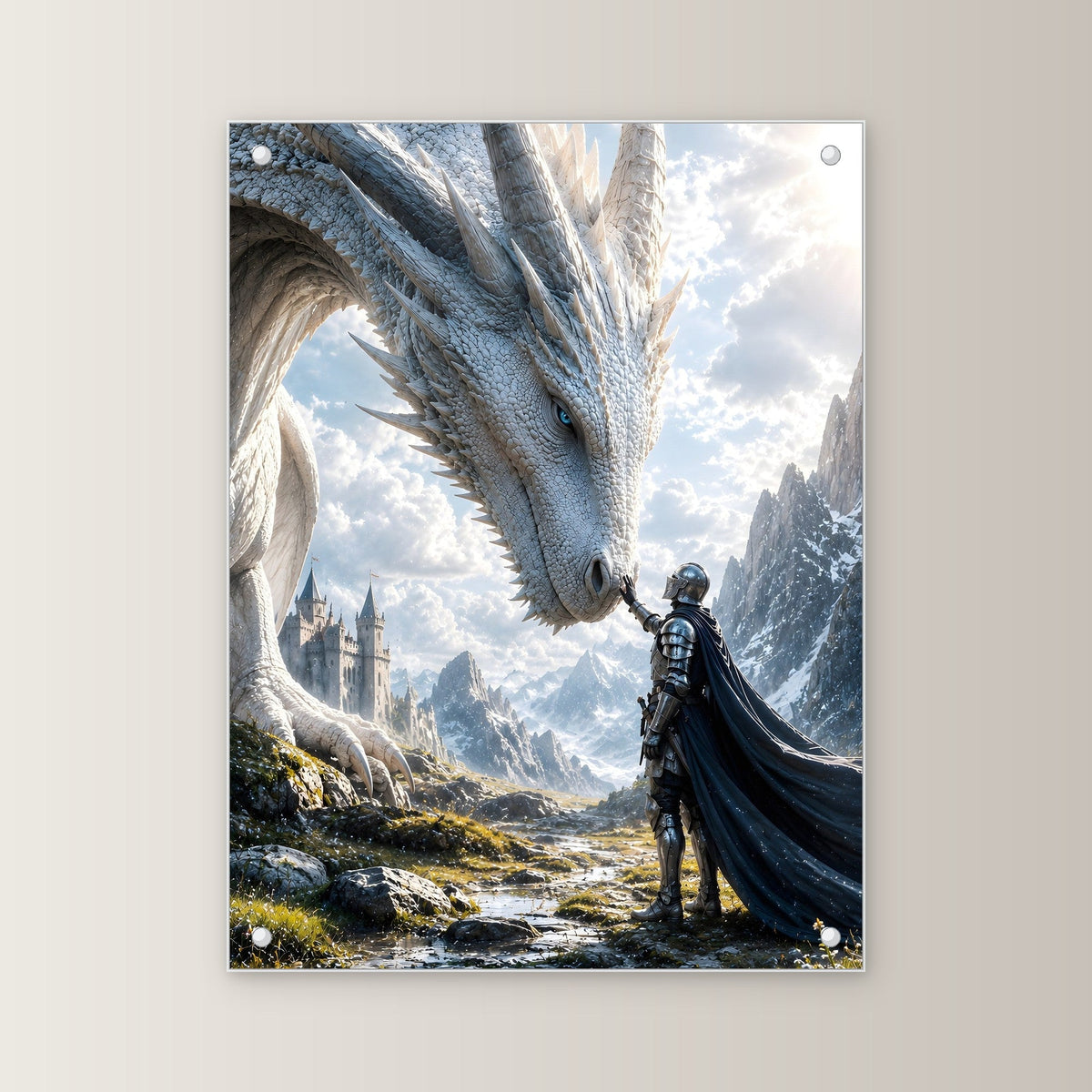 Ritter berührt den weißen Drachen, Dark Fantasy Acrylglasbild auf Acrylglas mit Edelstahl-Abstandshaltern, gerade von vorn an heller Wand