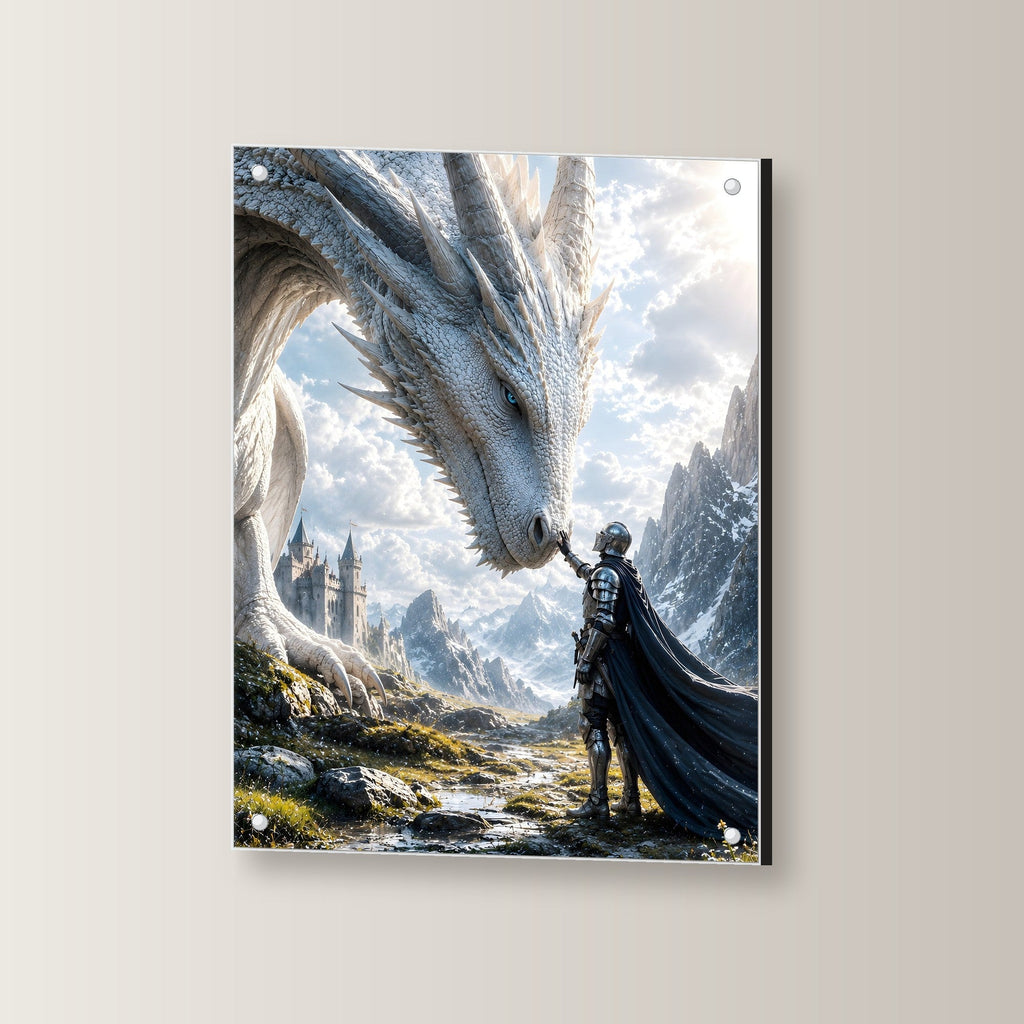 Ritter berührt den weißen Drachen, Dark Fantasy Acrylglasbild auf Acrylglas mit Edelstahl-Abstandshaltern, leicht gedreht an der Wand fotografiert