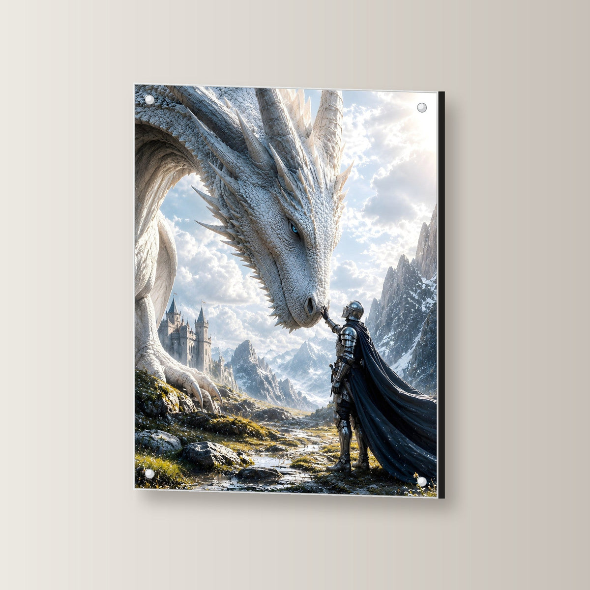 Ritter berührt den weißen Drachen, Dark Fantasy Acrylglasbild auf Acrylglas mit Edelstahl-Abstandshaltern, leicht gedreht an der Wand fotografiert