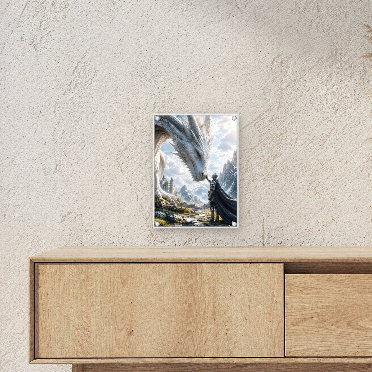 Ritter berührt den weißen Drachen, Dark Fantasy Acrylglasbild auf Acrylglas mit Edelstahl-Abstandshaltern ueber einem Sideboard, zeigt die Groesse im Raum