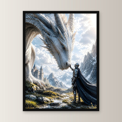 Ritter berührt den weißen Drachen, Fantasy Wandbild gerahmt im schwarzen Holzrahmen, gerade von vorn an heller Wand