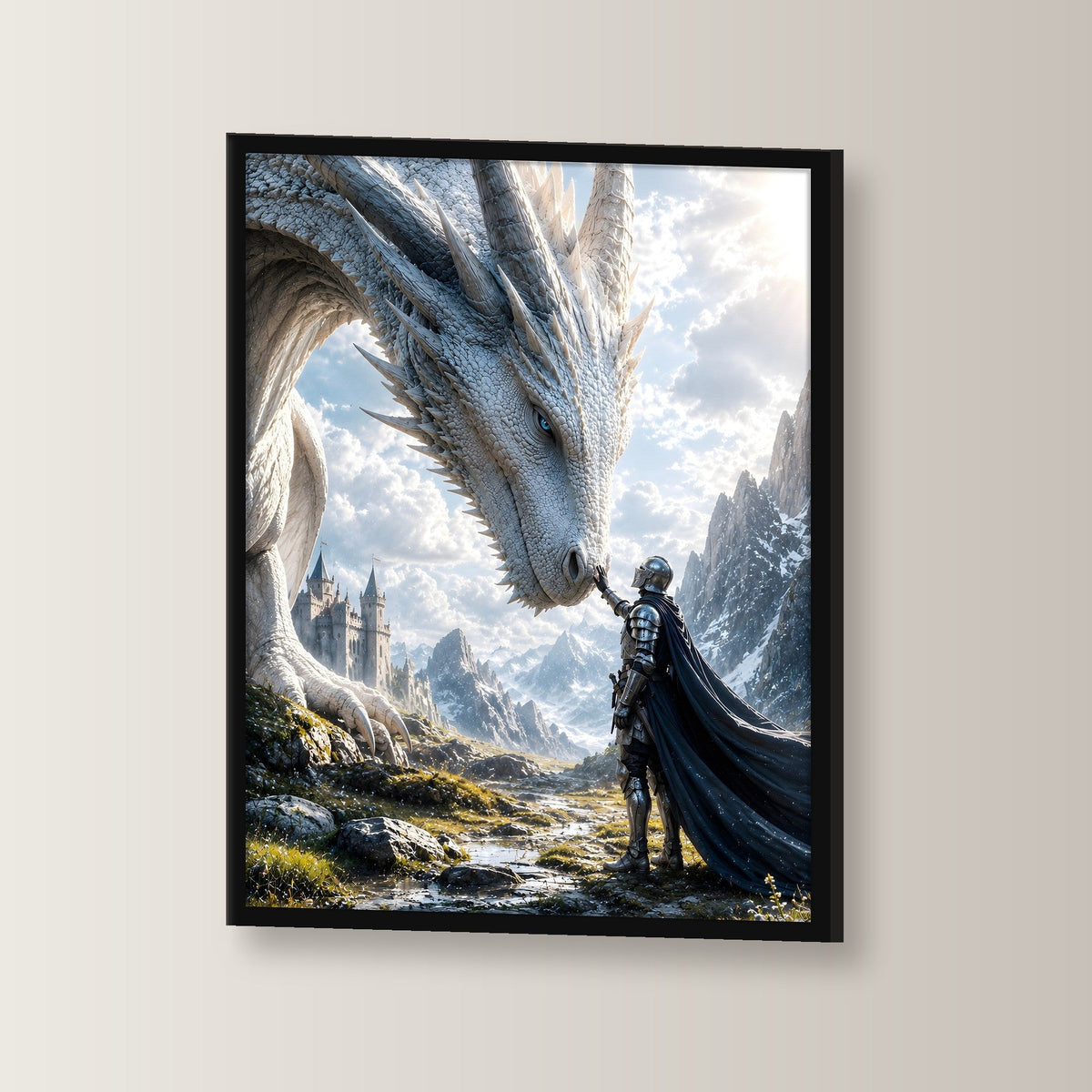 Ritter berührt den weißen Drachen, Fantasy Wandbild gerahmt im schwarzen Holzrahmen, leicht gedreht an der Wand fotografiert