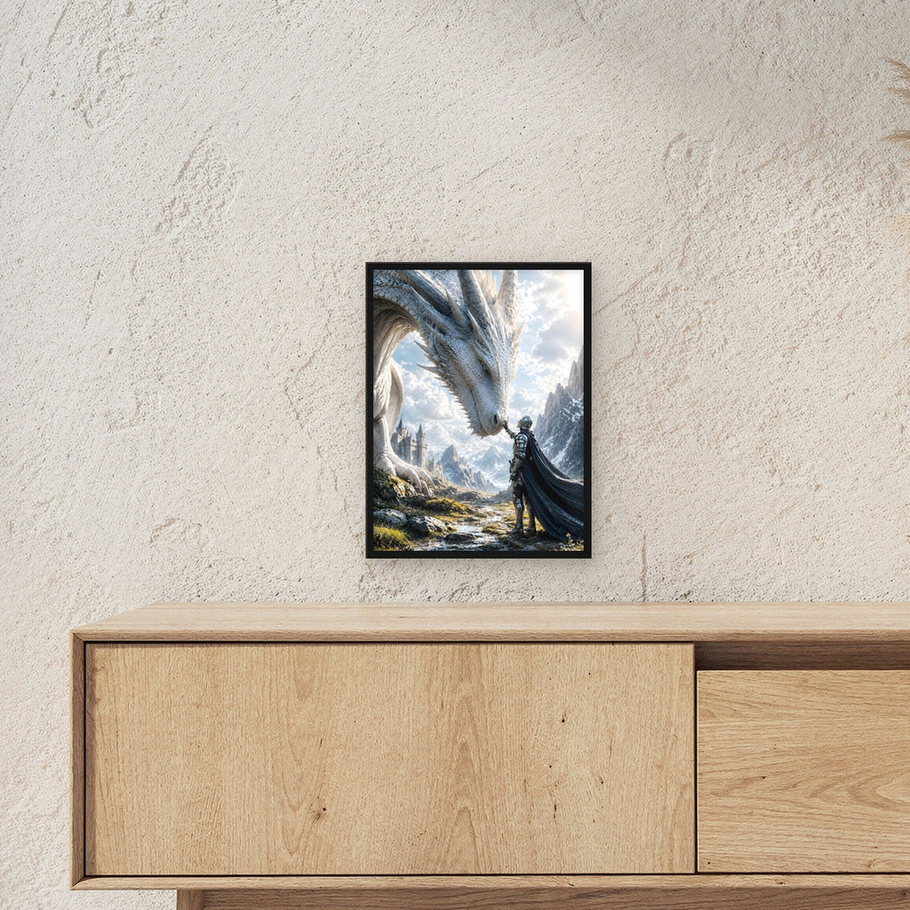 Ritter berührt den weißen Drachen, Fantasy Wandbild gerahmt im schwarzen Holzrahmen ueber einem Sideboard, zeigt die Groesse im Raum