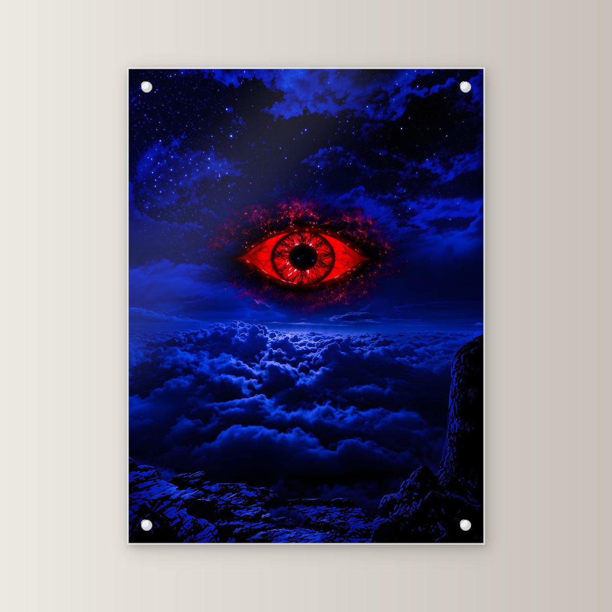 Dark-Fantasy Acrylglasbild auf Acrylglas mit Edelstahl-Abstandshaltern, gerade von vorn an heller Wand