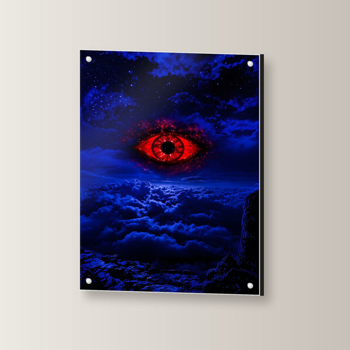 Dark-Fantasy Acrylglasbild auf Acrylglas mit Edelstahl-Abstandshaltern, leicht gedreht an der Wand fotografiert