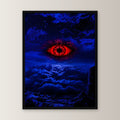 Dark-Fantasy Poster gerahmt im schwarzen Holzrahmen, gerade von vorn an heller Wand